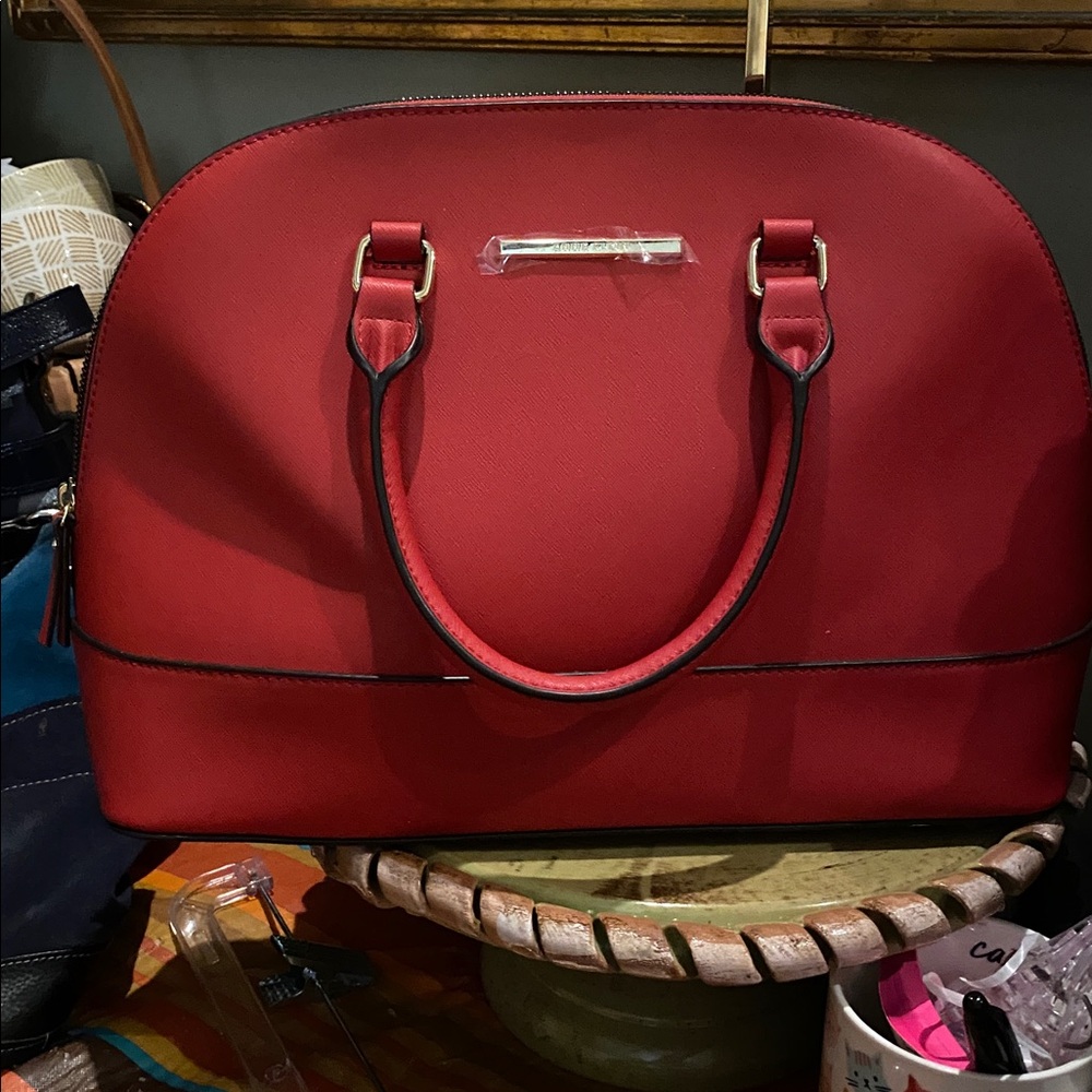 Ann Klein Dome Satchel Handbag Red with Gold Accents.